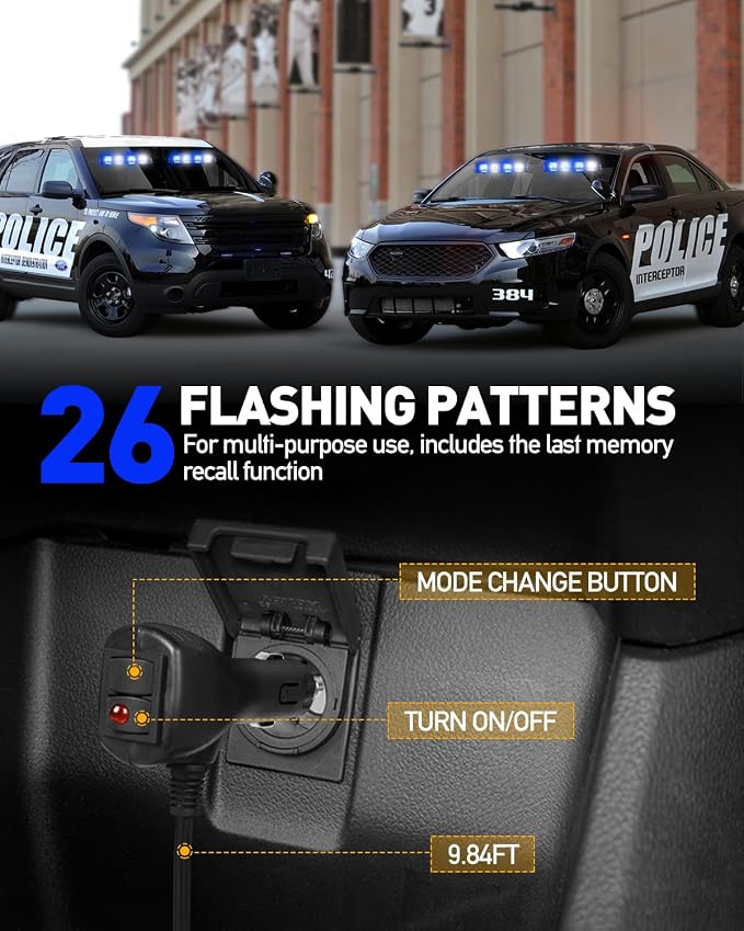 HLauto 2002L Emergency Dash Strobe Lights: Blue White Safety Lights, Flashing Warning Hazard Windshield Visor Traffic Light Bars for Trucks, Construction Vehicles (2x8.5 inch, 48LED)