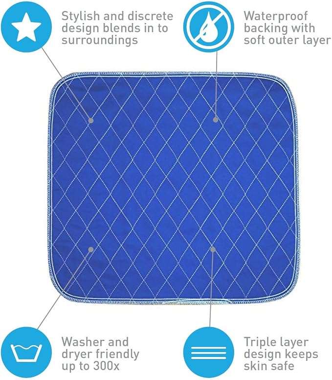 Waterproof Seat Pad, 20 x 22 Inch, Navy Blue | Washable, For Incontinence, Triple Layer Chair Cover Protector, 24 Ounce Absorbency, Seniors, Adult, Children, or Pet