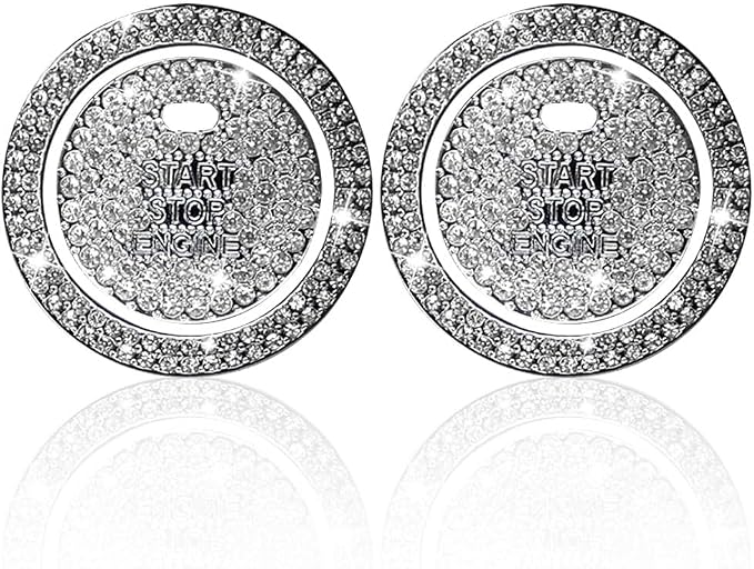 Bling Crystal Car Engine Start Ring Sticker, Sparkling Rhinestone Push Start Button Decorative Cover, Anti-Scratch Key Ignition & Knob Bling Ring Car Interior Accessories for Women (2PCS White2)