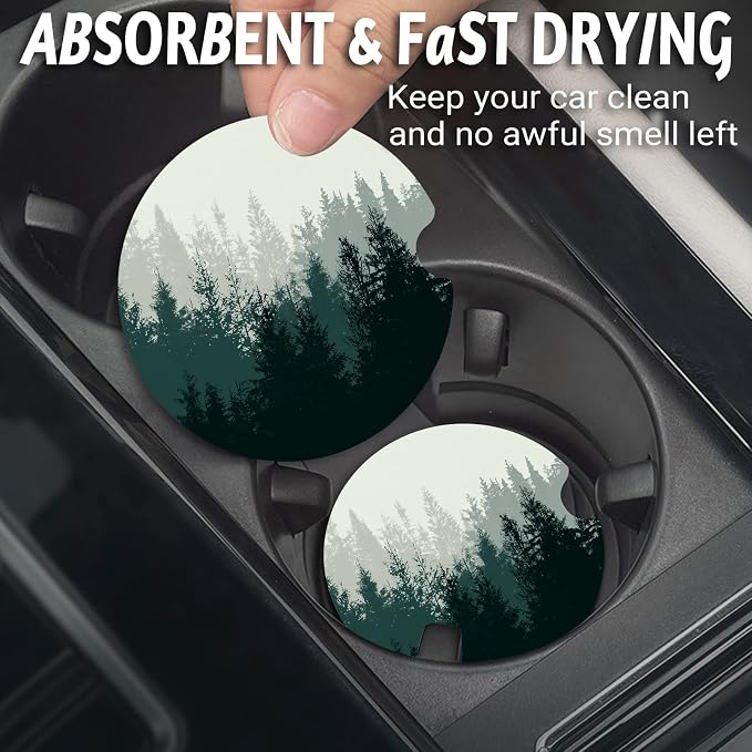Yonlevres Car Coasters for Cup Holders，2.75" Anti Slip Rubber Mat with A Finger Notch, 2 Pack Car Cup Holder Coasters for Car Interior Accessories for Women Men Forest