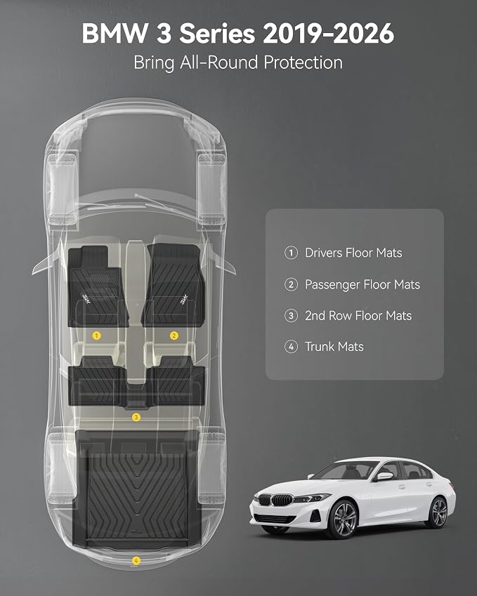3W Floor Mats & Cargo Liner Custom Fit for 2019-2025 2026 G20 BMW 3 Series 330i Sedan, TPE All Weather Floor Liner for BMW 3 Series G20 1st and 2nd Row Full Set Car Mats (NOT for 330e/GT)