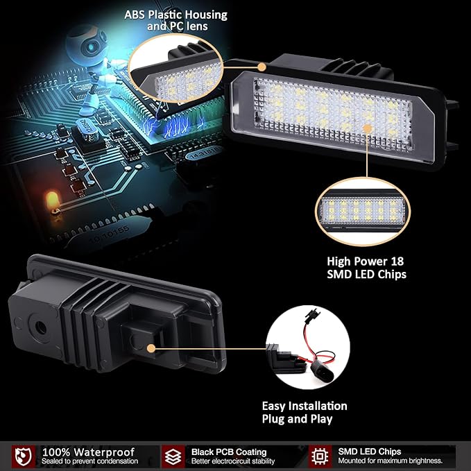 D-Lumina LED License Plate Lights Tag Lamp Assembly for Volkswagen VW Golf GTI MK4 MK5 MK6 MK7 CC Rabbit Polo EOS Phaeton Beetle Passat Scirocco, Powered by 18-SMD 6000K White LED Tag Light, Pack of 2