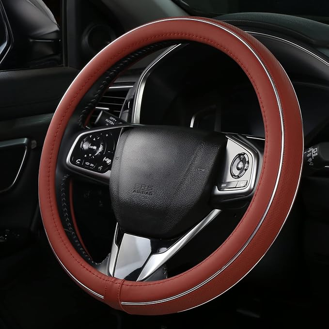 ALEMODR Claret Leather Steering Wheel Cover Fiber Strip Car Steering Wheel Cover Universal 15 inch for Women Girls