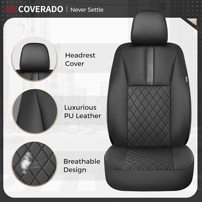 Coverado Car Seat Covers Front Pair, Automotive Leather Seat Covers for Car，Universal Fit Front Back Seat Cover, Non-Slip Waterproof Breathable Car Seat Protector
