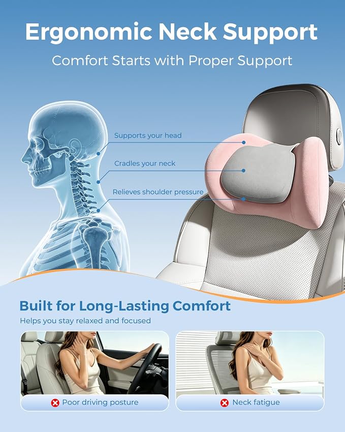 BABUR 100% Memory Foam Neck Pillow, Ergonomic Headrest for Car Seat | Driver Neck Pain Relief, Adjustable Buckle, Universal Car, Office Chair, Soft Breathable, Removable Cover, Machine Washable