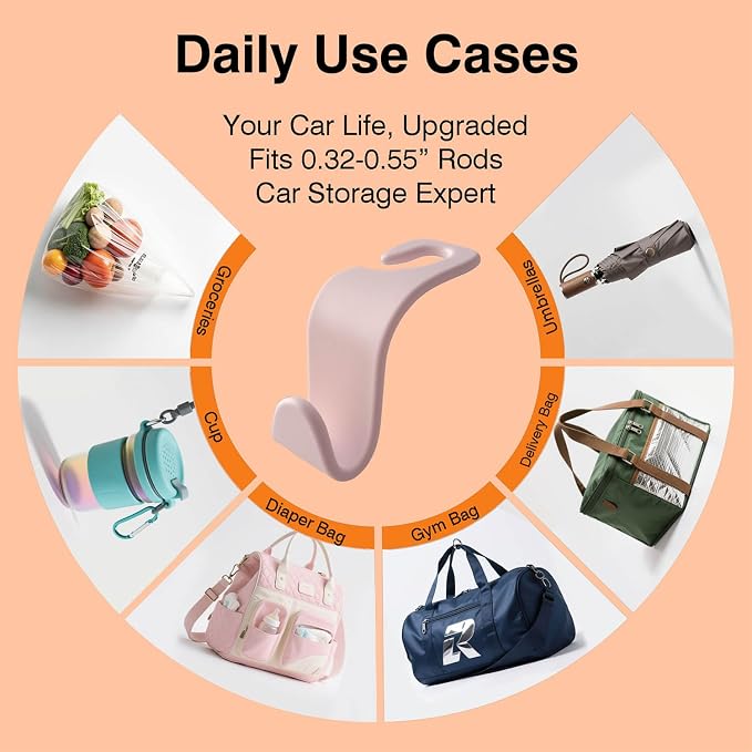 Car Seat Hooks & Purse Holder - 4 Pack Boxed,55 lb Heavy Duty,Eco PP Car Hooks for Purse/Bag/Baby Gear/Gym Bag/Groceries/Cup/,Fits 0.32-0.55”Car Headrest Rods (Pink)