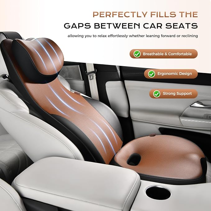 Coverado Car Seat Cushion and One Piece Lumbar Support with Adjustable Neck Cushion for Car, Ergonomic Memory Foam Car Back Support, Truck Seat Cushion for Sciatica Back Neck Pain Relief, Blackbrown