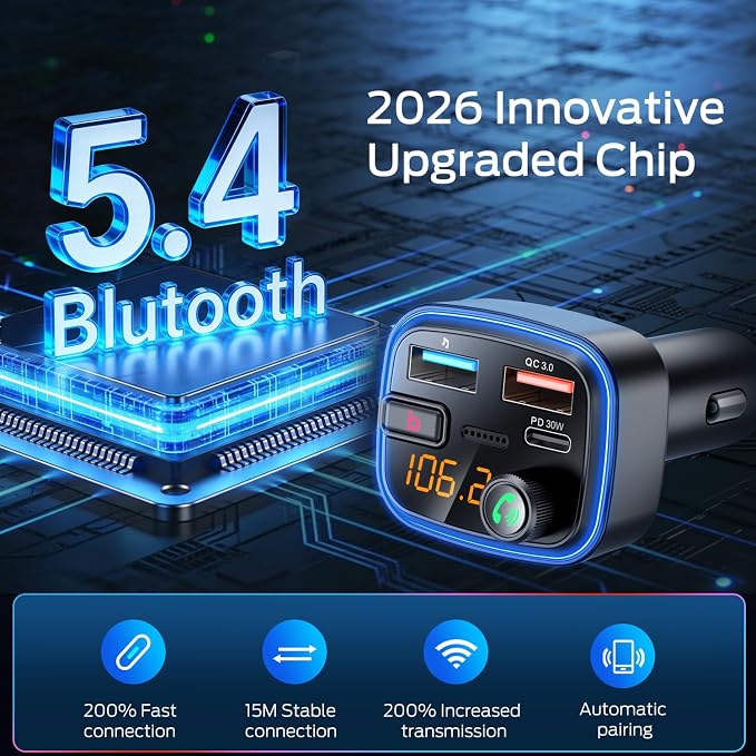 Bluetooth 5.4 Car Adapter Charging USB Bluetooth Adapter for Car,Wireless Fm Transmitter Radio,Handsfree Calling and Audio Receiver (Blue-48W)