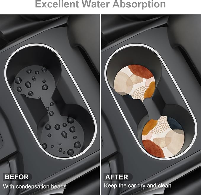 Car Cup Holder Coaster, Car Coasters for Cup Holders, 2 Pack Universal Anti Slip Insert Absorbent Ceramic Auto Interior Accessories with A Finger Notch & Cork Base, Simple Abstract Art
