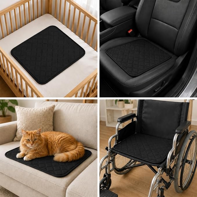 4 Pack Waterproof Chair Pads for Incontinence, 18" x 16" Reusable | Seat Protector Pads, Black Washable Seat Cover Non-Slip Absorbent Pee Cover for Incontinence Bed Wheelchair Adults