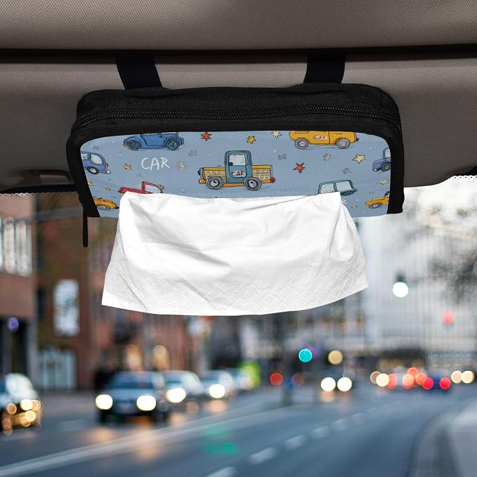 Car Visor Tissue Holder Mask Holder for Car, Car Tissue Box Sun Visor Napkin Holder Car Visor Accessories Adjustable Straps Reusable Durable Easy to Install Blue Cute Cars and Stars