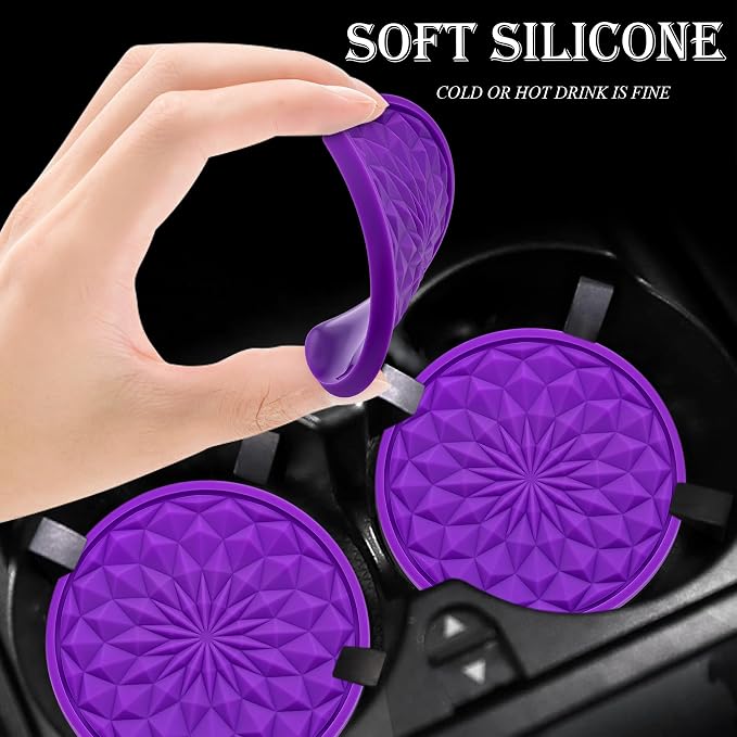 2 Pack Silicone Car Cup Holder Coaster – 2.75 Inch Non-Slip Drink Mat, Universal Fit for Most Vehicles – Cute & Functional Auto Accessories (Purple)