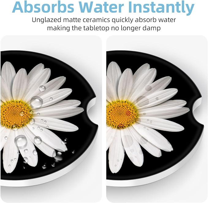 2 Pack Car Coasters for Cup Holders, 2.56" Universal Absorbent Ceramic Stone Car Cup Holder Coasters with Non-Slip Cork Base, Car Interior Accessories for Women Men(Black White Daisy)