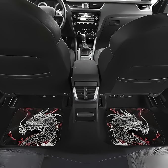 Universal Fit Car Floor Mats Set of 4Pcs, Dragons and Flowers Print All-Weather Front Rear Car Carpet Mats, Non-Slip Car Floor Mat Car Accessories for Automotive Trucks SUV Sedans Vans