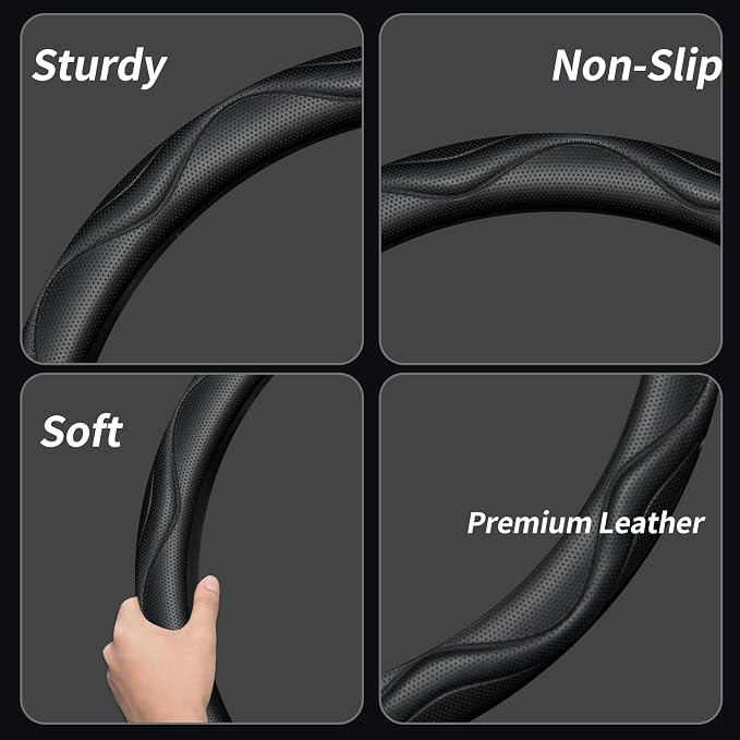 Steering Wheel Cover with Anti-Slip Leather Grip Compatible with Ford, Toyota, Honda, Nissan, and Chevrolet Vehicles for 14.5-15.35 inch Round Steering Wheels Universal Car Accessories