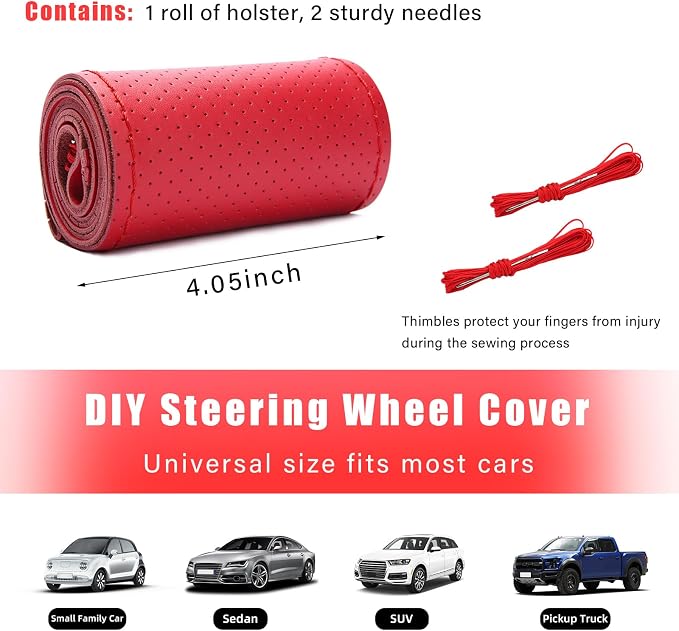 Augeny Genuine Leather Steering Wheel Cover, Breathable Anti-Slip Car Steering Wheel Protector Stitch on Wrap for Max Diameter 15 Inch, DIY Sewing with Needle Thread (Full Hole, Red)