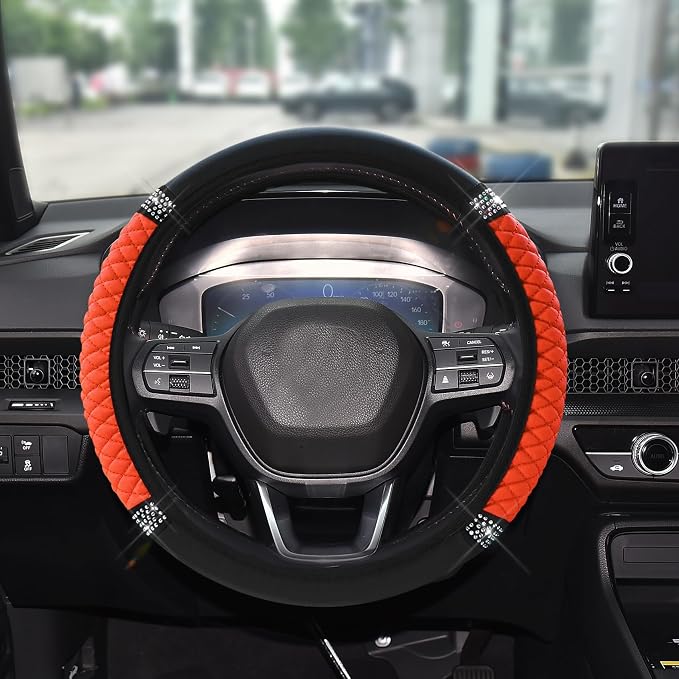 Bling Soft Leather Steering Wheel Cover, 15 Inch Colorful Rhinestones Auto Elastic Steering Wheel Protector for Women Girls, Car Accessories Anti Slip Steering Wheel Cover for Cars, SUVs (Orange)