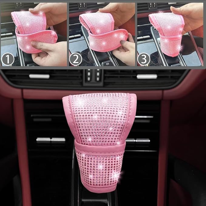 NBTEPEM 30 Pcs Pink Bling Car Accessories Set for Women, Pink Steering Wheel Cover Set, Bling Console Cover, Seat Belt Cushion, Shift Knob Cushion, Cup Coaster, Rhinestone Car Hanging Accessories