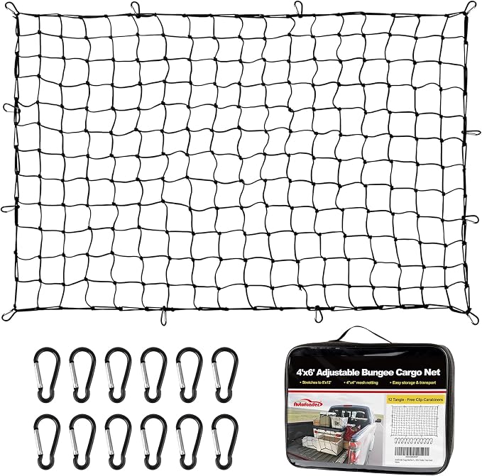 Cargo Net 4’x6’ Truck Bed Bungee Mesh 12 Carabiners | Stretches to 8’x12’, tangle-free hooks, storage bag included, pickup truck SUV trailer compatible, universal bed accessories