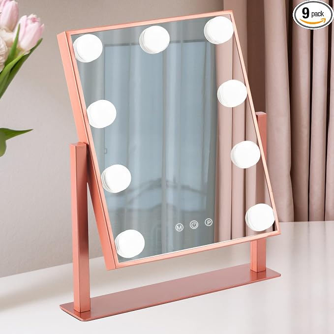 BWLLNI Makeup Mirror with Lights, Hollywood Mirror Lighted Vanity Mirror with 9 LED Bulbs, Touch Control Design 3 Colors Dimmable Bulbs Detachable 10X Magnification 360°Rotation(Rose Pink)