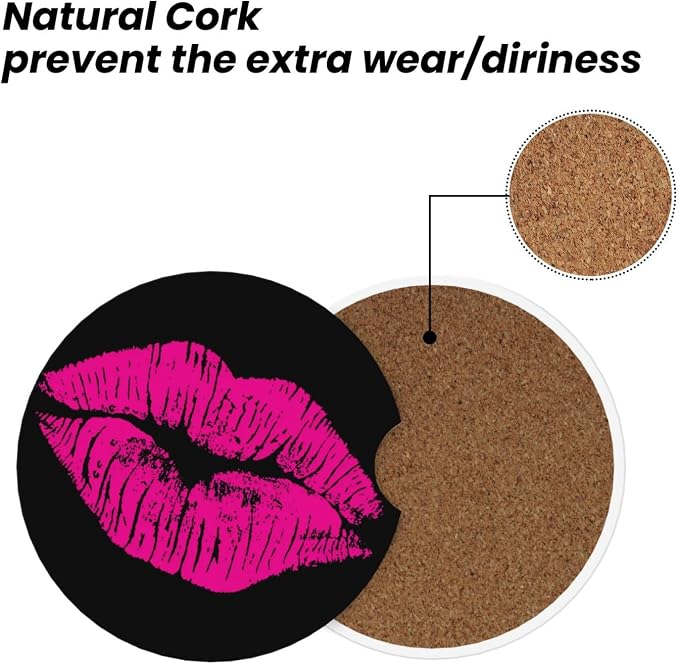 80s Hot Pink Kiss Lips Absorbent Ceramic Car Coasters 2 Pack Round Insert Cupholder Coaster Car Cup Holder Mat with Finger Notch Anti-Slip Cork Base Reusable Drink Coasters 2.56 in