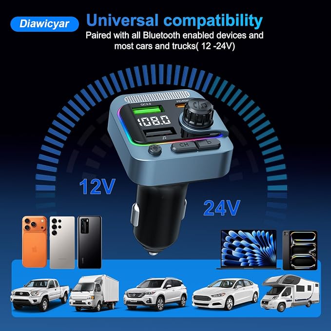 63W FM Transmitter Bluetooth Car Adapter, Wireless FM Bluetooth Transmitter | [PD 45W & QC3.0] Fast Charge, Deep Bass Player, Hands-Free Calling, Blue