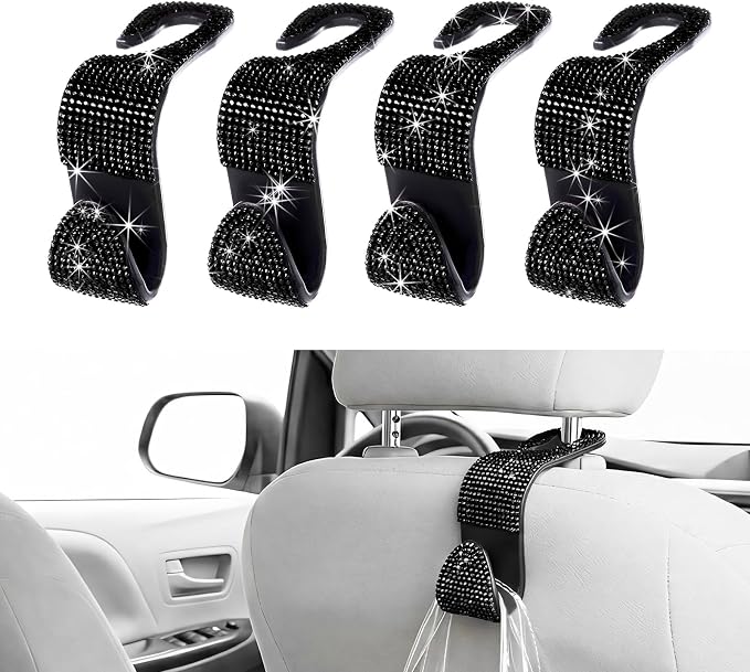 4 PCS Car Seat Headrest Hook, Crystal Rhinestone Seat Hanger Auto Interior Purse Holder, Bling Vehicle Backseat Hangers for Grocery Bags Handbags Coats, Car Accessories (Black)