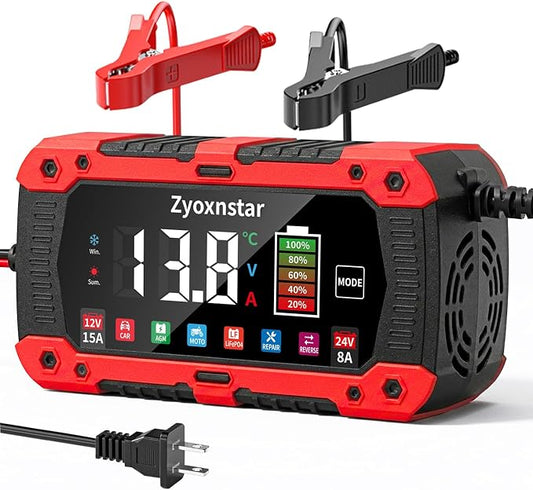 15A Battery Charger, 12V/24V LiFePO4 & Lead Acid Car Battery Charger, Fully Automatic Battery Maintainer w/Overcharge Protection Pulse Repair for AGM, STD, Gel, Deep Cycle Batteries