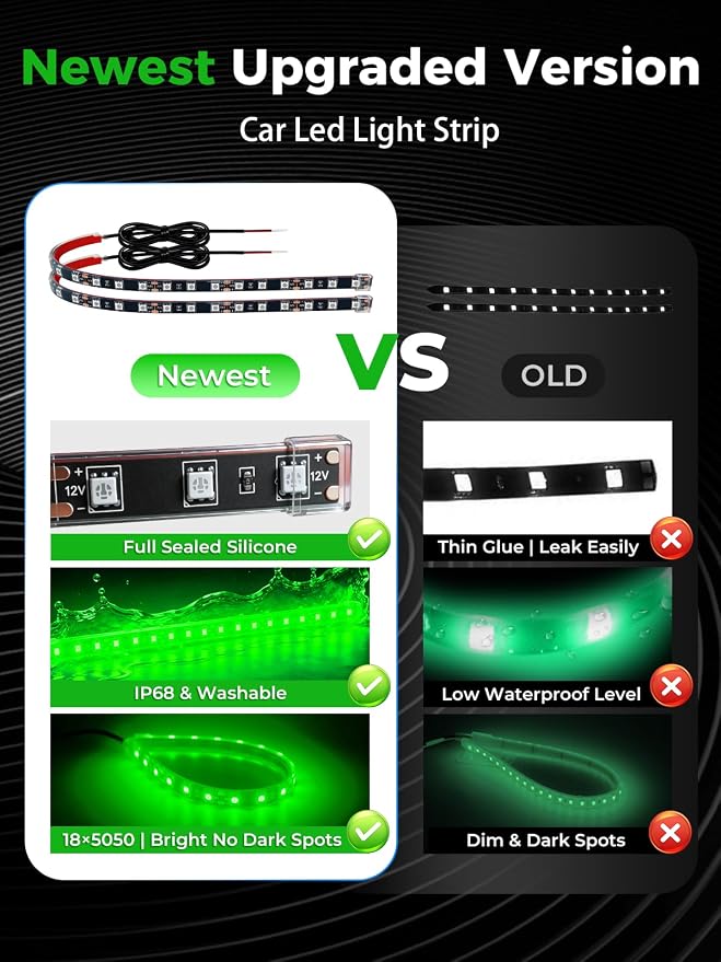 Car LED Strip Lights IP68 Waterproof Cuttable 12inch Green 4 Pcs | 12V Footwell & Underbody Lights, 18pcs 5050 SMD, interior & exterior light, fits SUVs, trucks, motorcycles, boats, golf carts