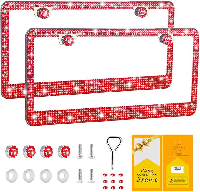 FIISFIIS Bling License Plate Frame for Women,2 Pack Premium Stainless Steel Rhinestone License Plate Holder,Handmade Glitter Crystal Diamond Lincense Plate Cover for Girl,Bedazzled Sparkly Caps-Red