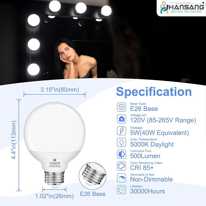 LED G25 Vanity Light Bulbs E26 Base, Daylight 5000K 40W Equivalent Globe Shape, LED Bathroom Makeup Mirror Light Bulbs 5W 500LM, Ideal for Bathroom Vanity or Mirror Non-dimmable, 4 Pack