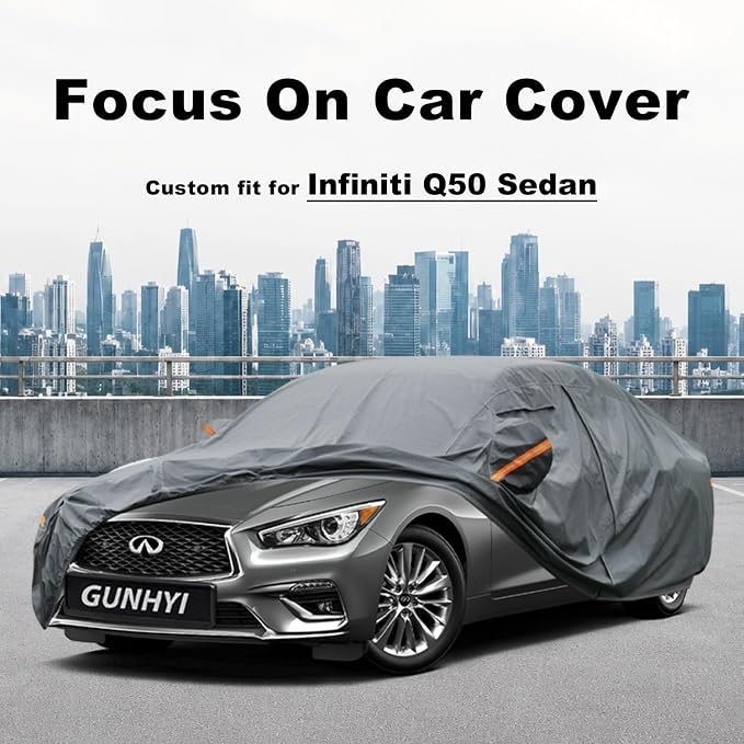 GUNHYI Premium Car Cover Custom Fit Infiniti Q50 Sedan (2013-2026), 16 Layers Heavy Duty Car Cover Waterproof All Weather with Zipper Door for Sun Rain Snow Dust Uv Protection