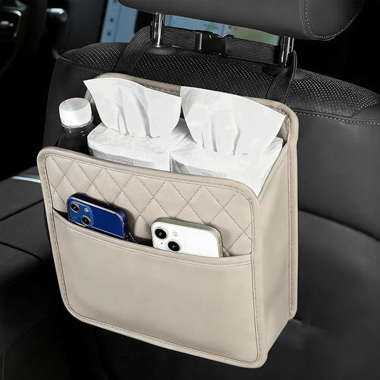 Car Seat Back Organizer, Car Organizers and Storage, PU Leather Vehicle Backseat Hanging Storage Pocket, Multipurpose Auto Organizer Hanging Universal for Most Vehicles (Beige without Pocket)