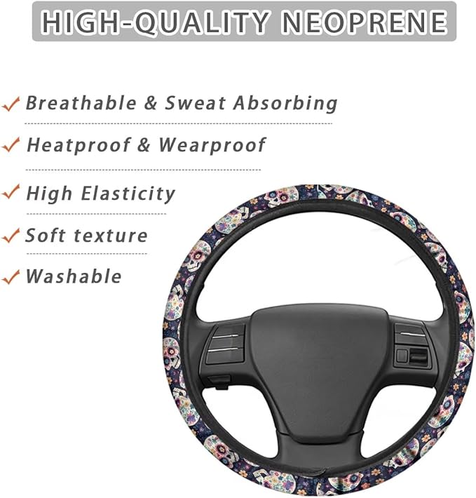 AFPANQZ Steering Wheel Cover for Women, Hippie Flower Skull Sweat Absorbing Non-Slip Steering Wheel Protection Case, Machine Washable Elastic Flexible Universal 14 to 15 inch