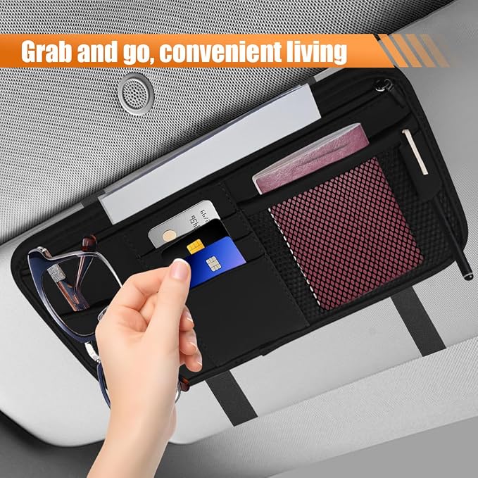 Car Sun Visor Organizer, PU Leather Automotive Visor Storage Pouch Holder with Multi-Pocket, Vehicle Interior Organizer Accessories for Sunglasses, Pen, Key, Phone, Cards, License(Black)