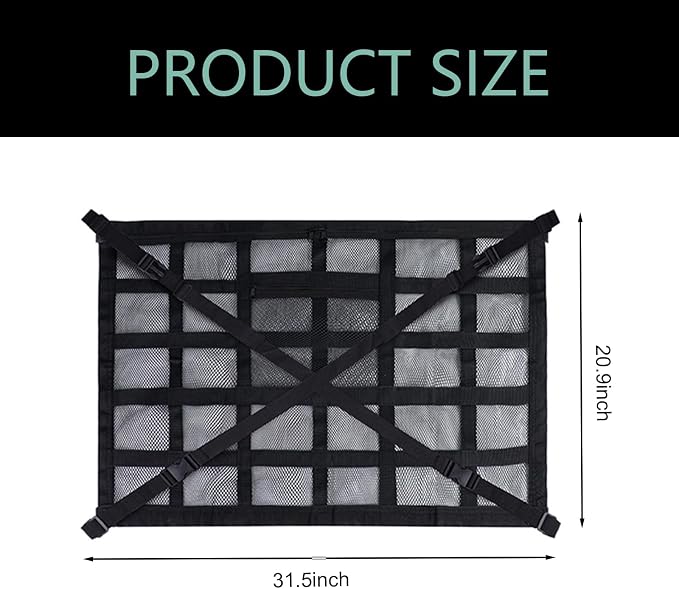 Upgrade Car Ceiling Cargo Net Pocket, 31.5" x 20.9" Double-Layer Mesh Car Roof Storage Organizer, Universal Auto Accessories with Adjustable D-Buckle for SUVs, Road Trips, Camping Essentials