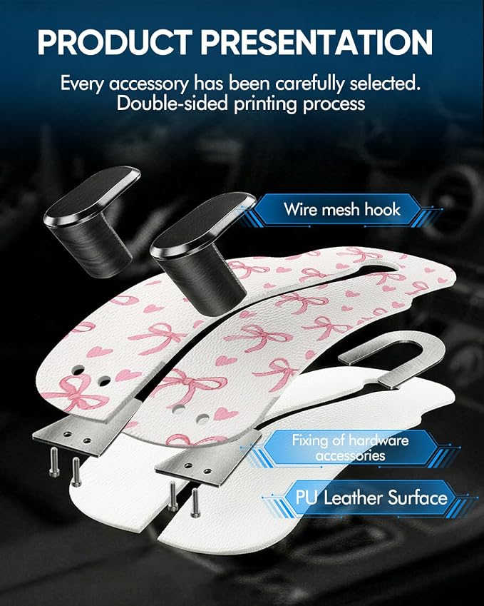 WOCOCN Purse Holder for Car, 2 Pack Heavy Duty Purse Hanger for Car, PU Leather Car Seat Hooks for Purses and Bags, Cute Pink Bow Headrest Organizer for Handbags & Backpacks