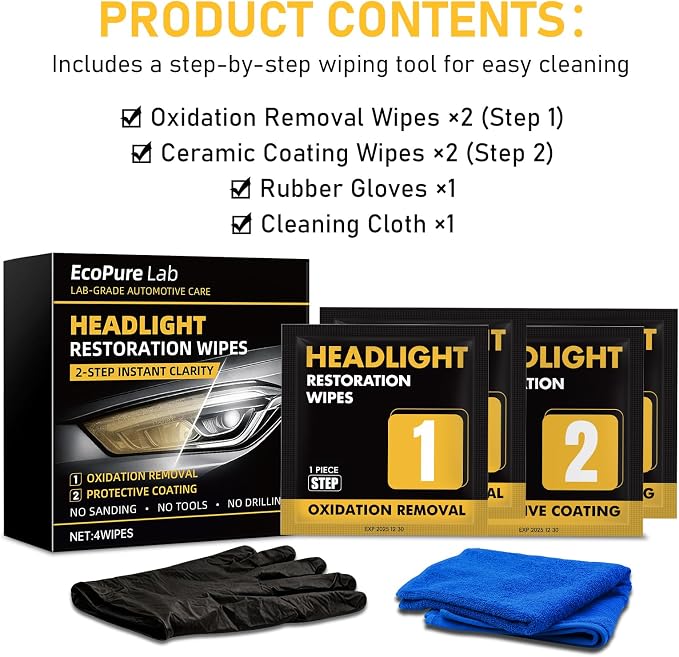 2-Step Headlight Restoration Wipes–No Sanding Car Headlight Restoration Kit with Oxidation Remover&Ceramic Coating,UV Protection,Restore Clear Polycarbonate Lenses(1 Pack)