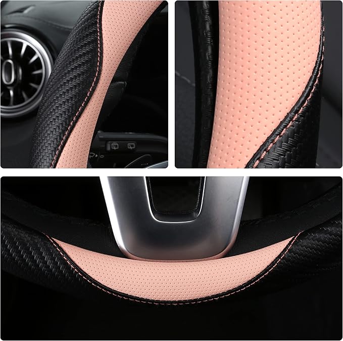 HighnessHwoo Car Steering Wheel Covers for Women Padded Carbon Fiber PU Leather Cute Auto Interior Accessories for Vehicle, Sedan, Universal, Anti Slip, Pink, Standard Size, 14.75-15.15in