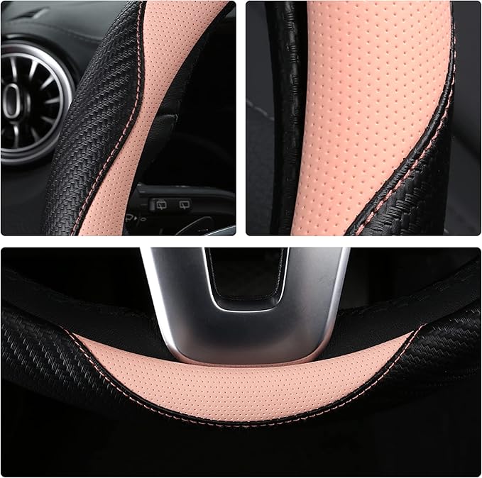 HighnessHwoo Car Steering Wheel Covers for Women Girl Padded Carbon Fiber PU Leather Cute Cartoon Auto Interior Accessories for Jeep, Truck, Universal, Anti Slip, Pink, Large Size, 15.2-16in