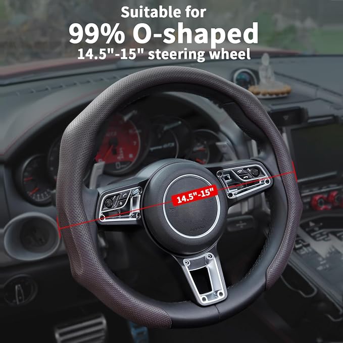 Nappa Leather Car Steering Wheel Cover Non Slip Vehicle Steering Wheel Cover Protector Quick Install Comfy Automotive Interior Decor Universal fit 14½ to 15 inches Pickup SUV, Mocha Brown