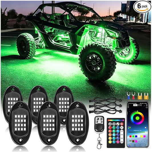 6Pods RGB LED Rock Lights Kit with APP/RF Remote Control Dual Zone Brake, Bright Underglow Multicolor Neon Underbody Light Waterproof 12V for Trucks Pickup Jeep Golf Cart SXS ATV Off Road Vehicles