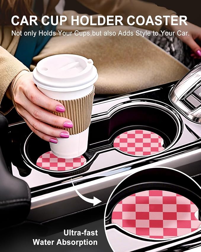 Swooflia Car Coasters for Women - Light and Dark Pink Checkered Ceramic Car Cupholder Coaster Absorbent Mat Coaster with Cork Base 2 Pack 2.55 inch Automotive Cup Holder Accessories New Driver Gifts