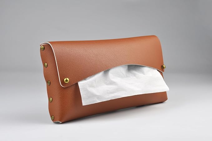 Car Tissue Holder, Tissue Case for Sun Visor, PU Leather Backseat Napkin Holder with Clips (Tan)