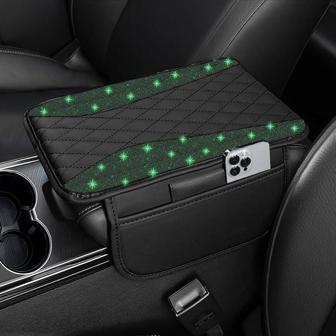 NBTEPEM Bling Car Center Console Cover, Leather Middle Console Cover with 2 Storage Bags, Universal Arm Rest Cover Protector, Bling Car Accessories Interior Fit for Most Vehicles, Green Diamond