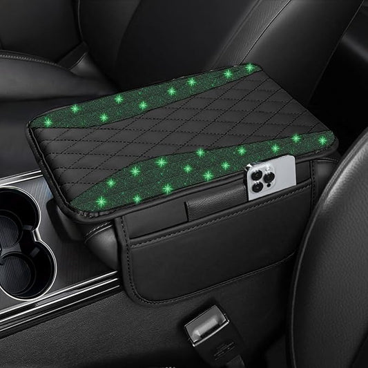 NBTEPEM Bling Car Center Console Cover, Leather Middle Console Cover with 2 Storage Bags, Universal Arm Rest Cover Protector, Bling Car Accessories Interior Fit for Most Vehicles, Green Diamond