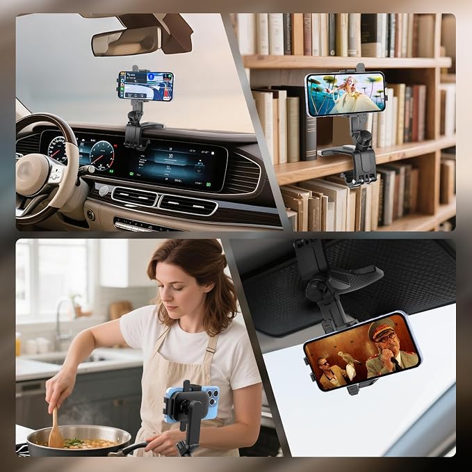 Universal Car Phone Holder Mount, 2026 Upgrade 360 Degree Rotation Multifunctional Phone Clip Design, Dashboard Cell Phone Stand for 4 to 7" Smartphones (Black)