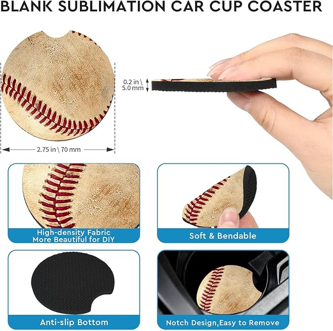 2 Pack Baseball Car Cup Holder Coasters Universal Neoprene Coasters | 2.75" Universal Size Anti Slip Rubber Mat,Auto Cup Holder Decor Accessories for SUV Truck, Baseball Gifts for Women Men Mom