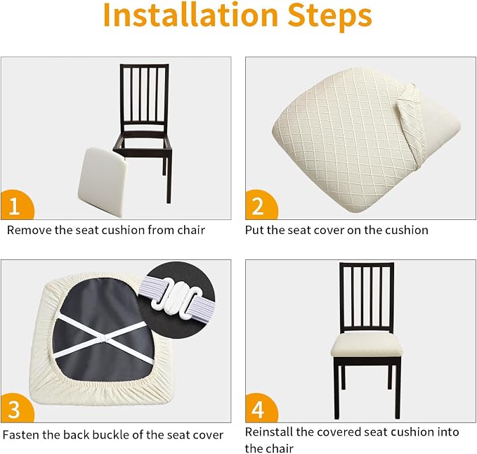 Fuloon Waterproof Seat Cushion Covers 4 PCS, Stretch Jacquard Chair Seat Covers Washable Dining Room Chair Slipcovers Removable Kitchen Cushion Protector (4, Waterproof-Beige)