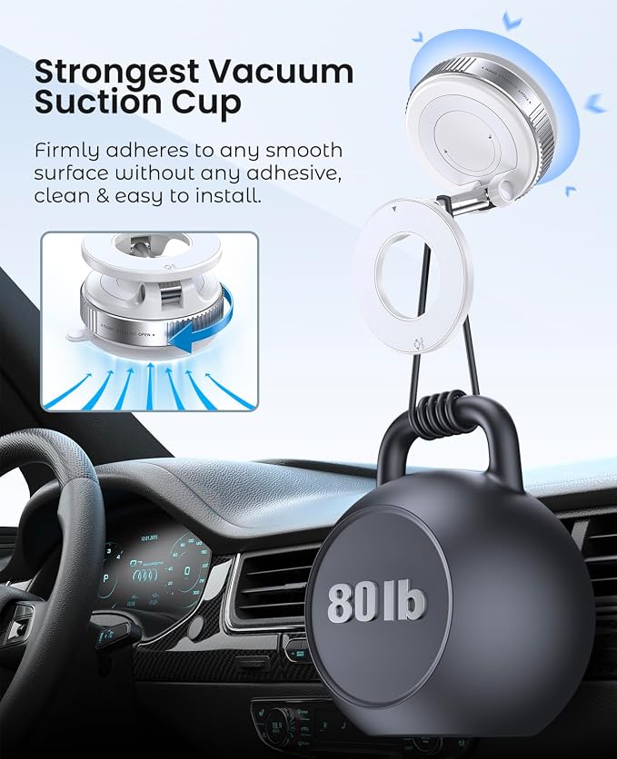 Jononser Magnetic Car Phone Holder for MagSafe, Nano-Gel Suction Cup Phone Mount for Dashboard & Windshield, Pocket-Size Foldable 360° Adjustable Car Mount for iPhone 17 16 15 14 13 12 Series, White